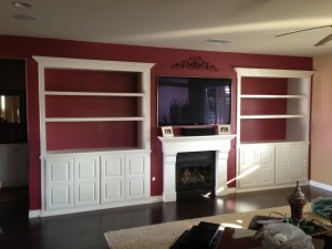 two custom bookshelves in french valley with crown molding